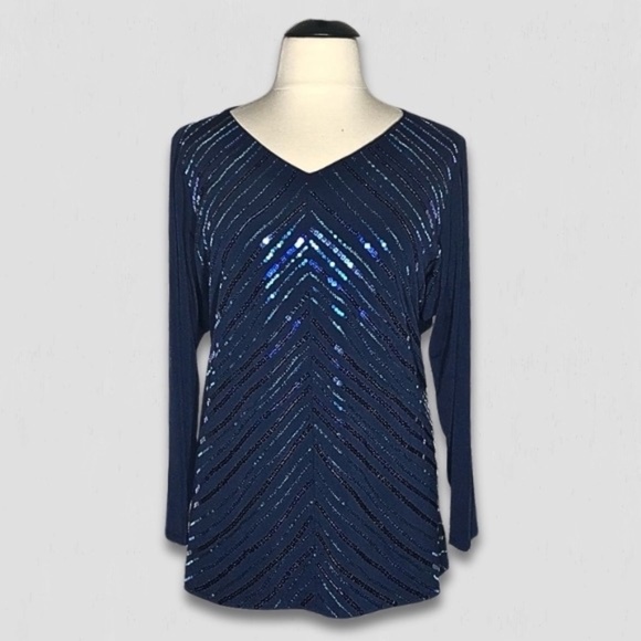 Bob Mackie Wearable Art Blue Sequined Beaded Blouse 3X - Picture 1 of 11